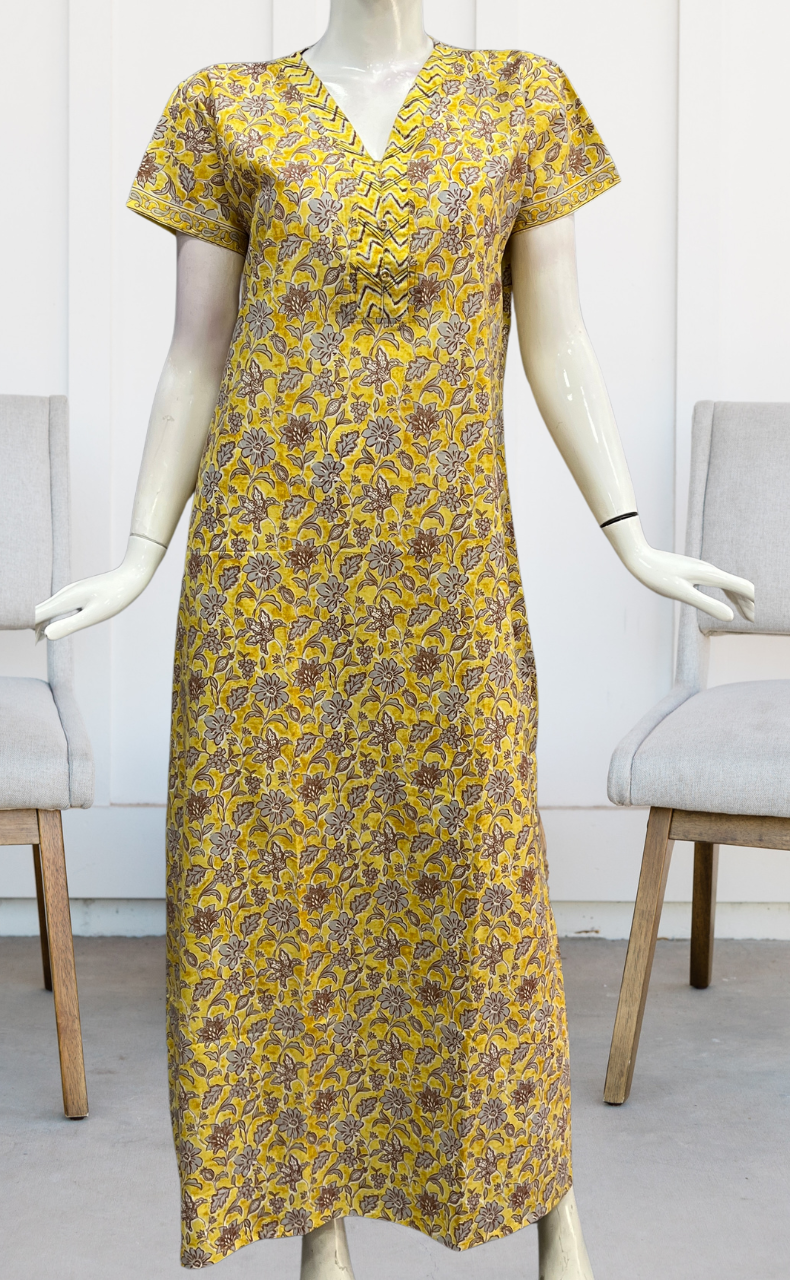 Yellow Floral Pure Cotton Nighty. Pure Durable Cotton | Laces and Frills - Laces and Frills