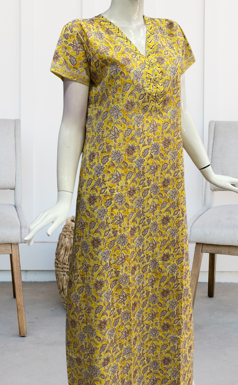 Yellow Floral Pure Cotton Nighty. Pure Durable Cotton | Laces and Frills - Laces and Frills