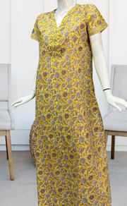Yellow Floral Pure Cotton Nighty. Pure Durable Cotton | Laces and Frills - Laces and Frills