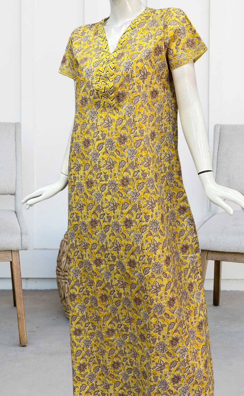 Yellow Floral Pure Cotton Nighty. Pure Durable Cotton | Laces and Frills - Laces and Frills