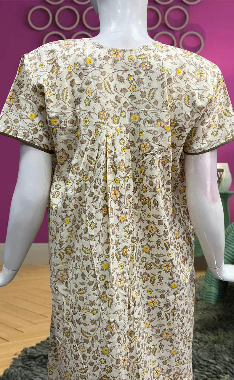 Beige Tiny Flora Pure Cotton Feeding Nursing Nighty. Pure Durable Cotton | Laces and Frills - Laces and Frills