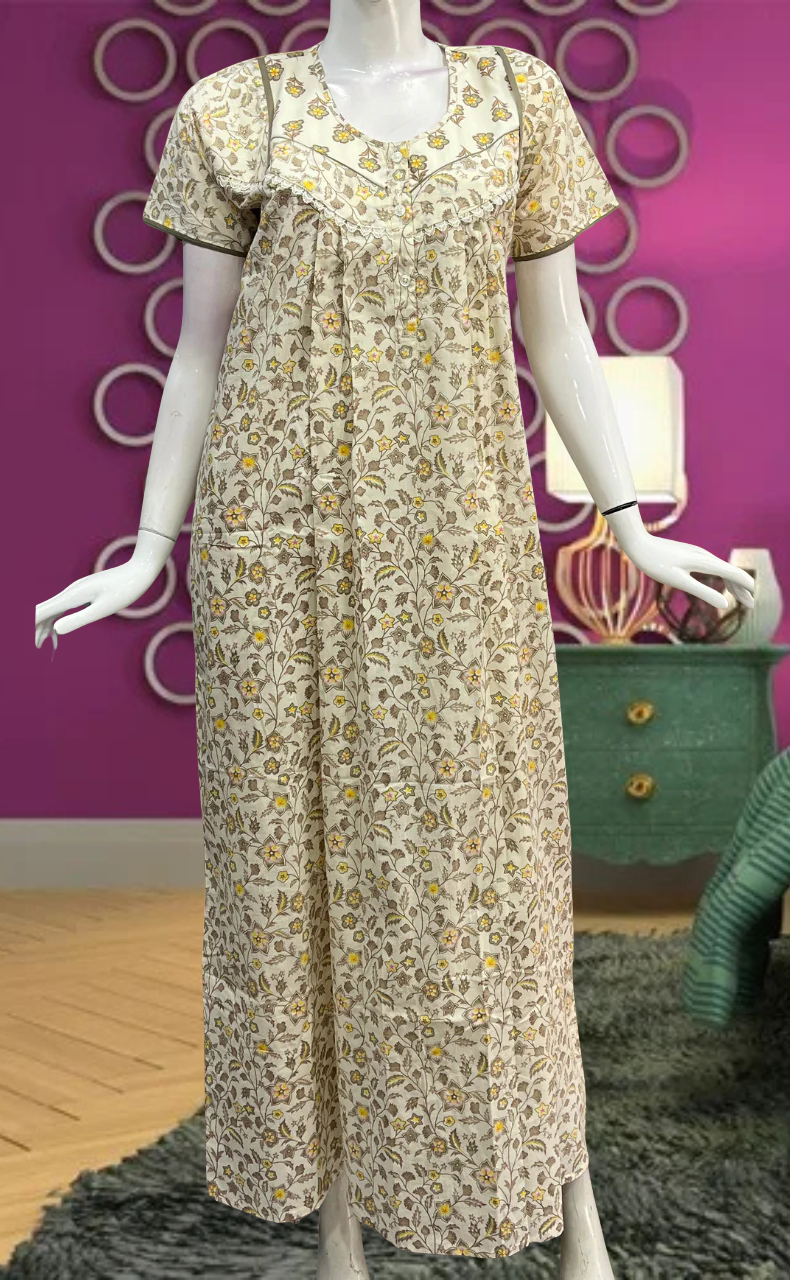 Beige Tiny Flora Pure Cotton Feeding Nursing Nighty. Pure Durable Cotton | Laces and Frills - Laces and Frills