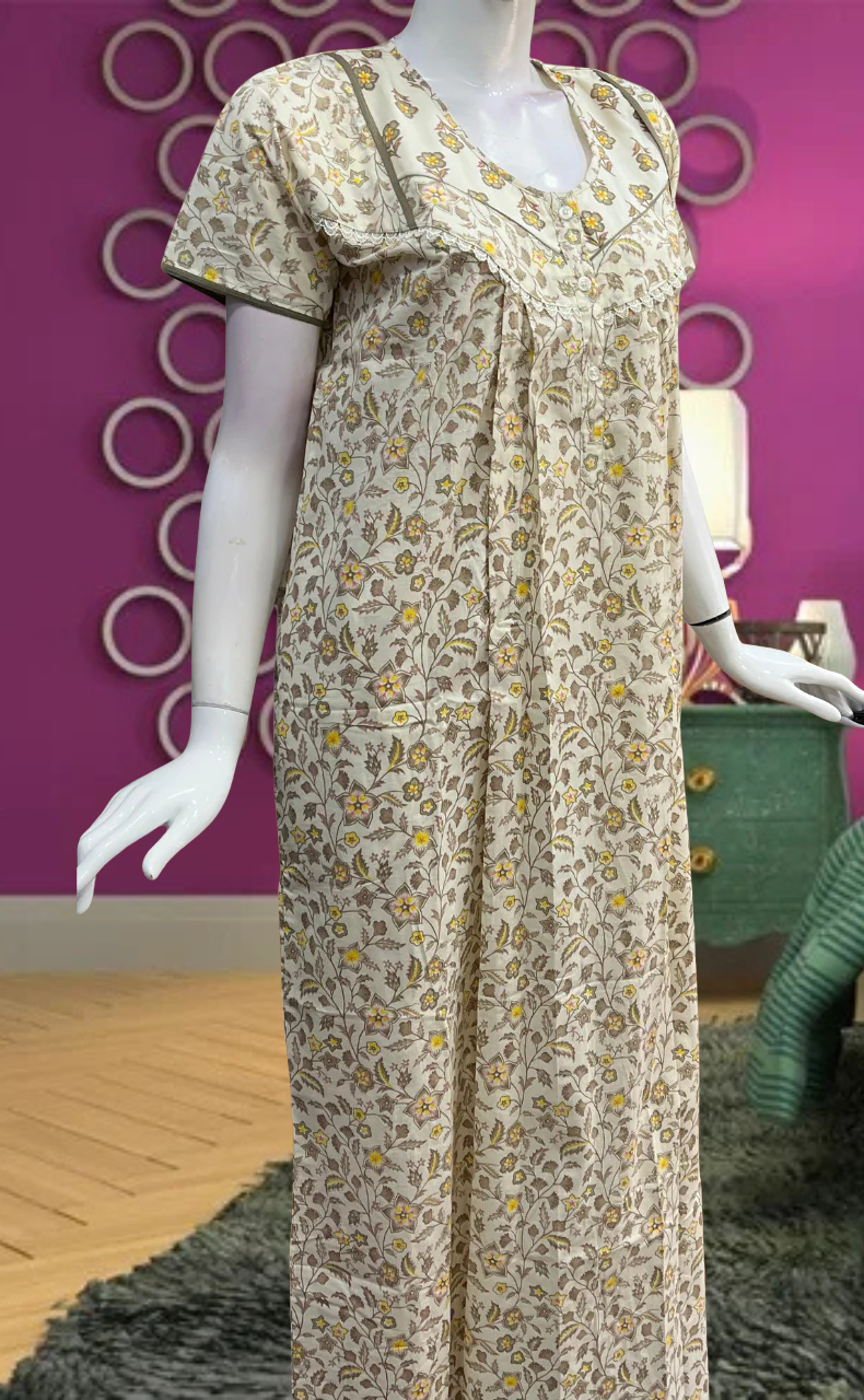 Beige Tiny Flora Pure Cotton Feeding Nursing Nighty. Pure Durable Cotton | Laces and Frills - Laces and Frills