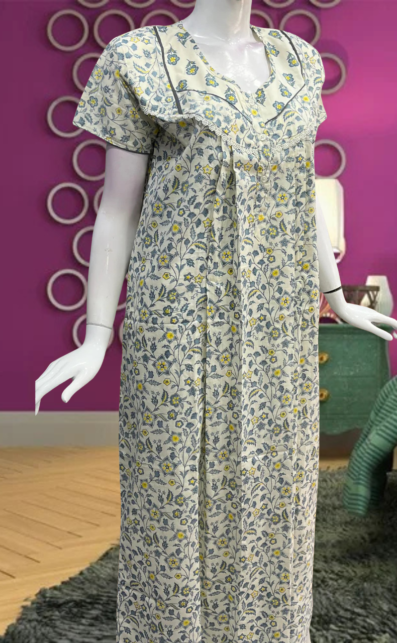 Grey Tiny Flora Pure Cotton Feeding Nursing Nighty. Pure Durable Cotton | Laces and Frills - Laces and Frills