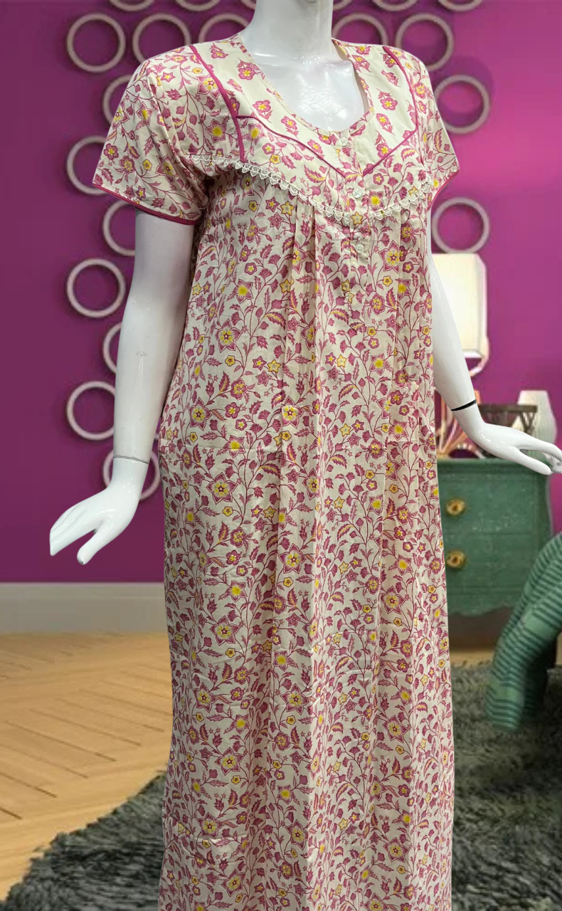 Pink Tiny Flora Pure Cotton Feeding Nursing Nighty. Pure Durable Cotton | Laces and Frills - Laces and Frills