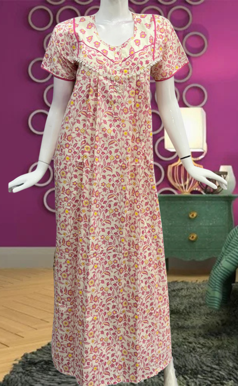 Pink Tiny Flora Pure Cotton Feeding Nursing Nighty. Pure Durable Cotton | Laces and Frills - Laces and Frills