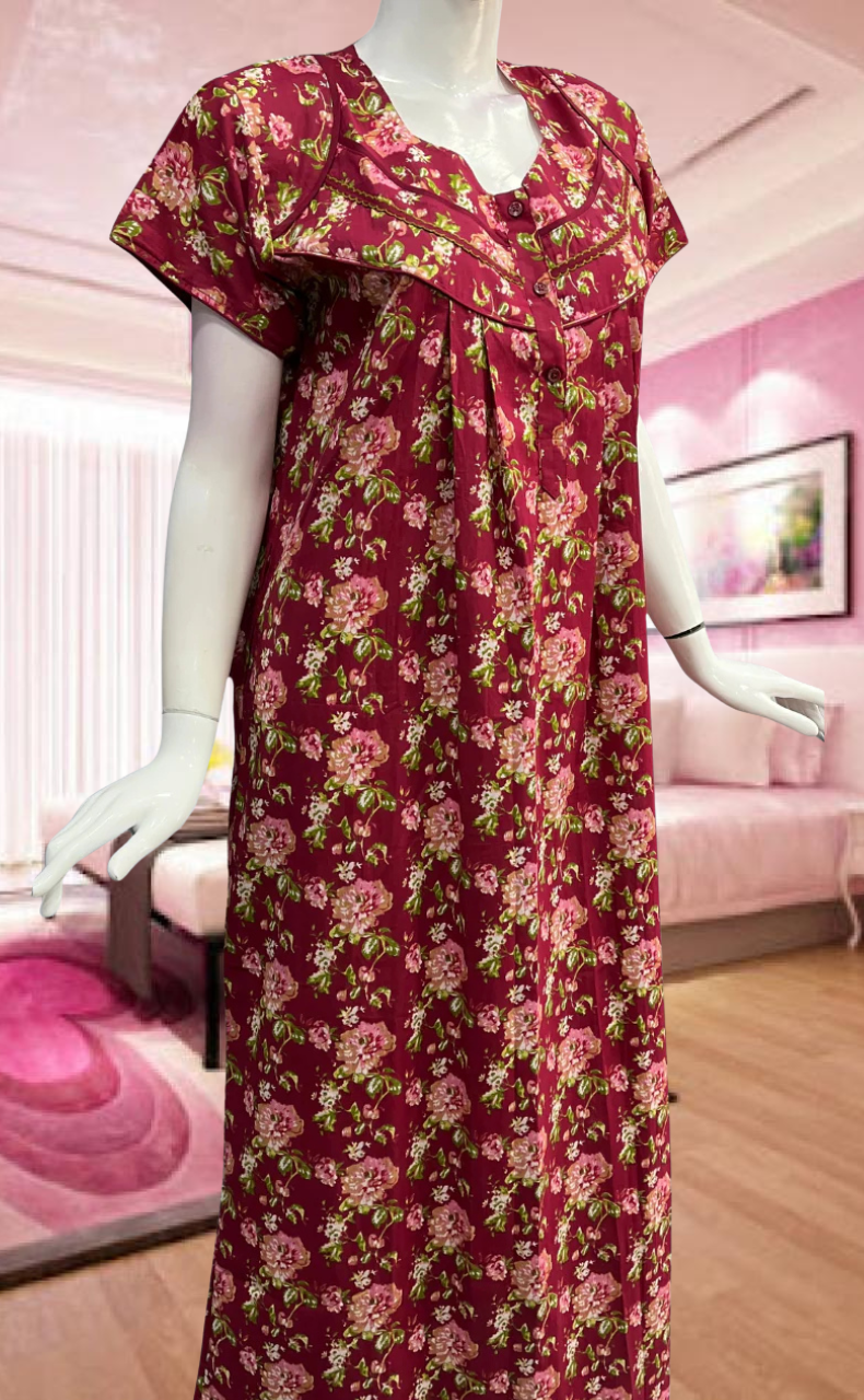 Maroon Garden Pure Cotton Feeding Nursing Nighty. Pure Durable Cotton | Laces and Frills - Laces and Frills