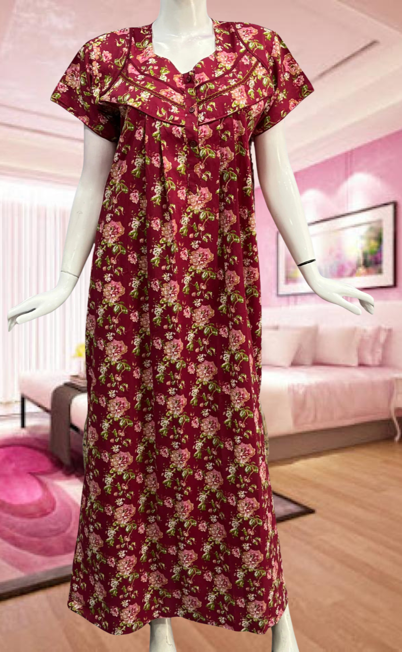 Maroon Garden Pure Cotton Feeding Nursing Nighty. Pure Durable Cotton | Laces and Frills - Laces and Frills