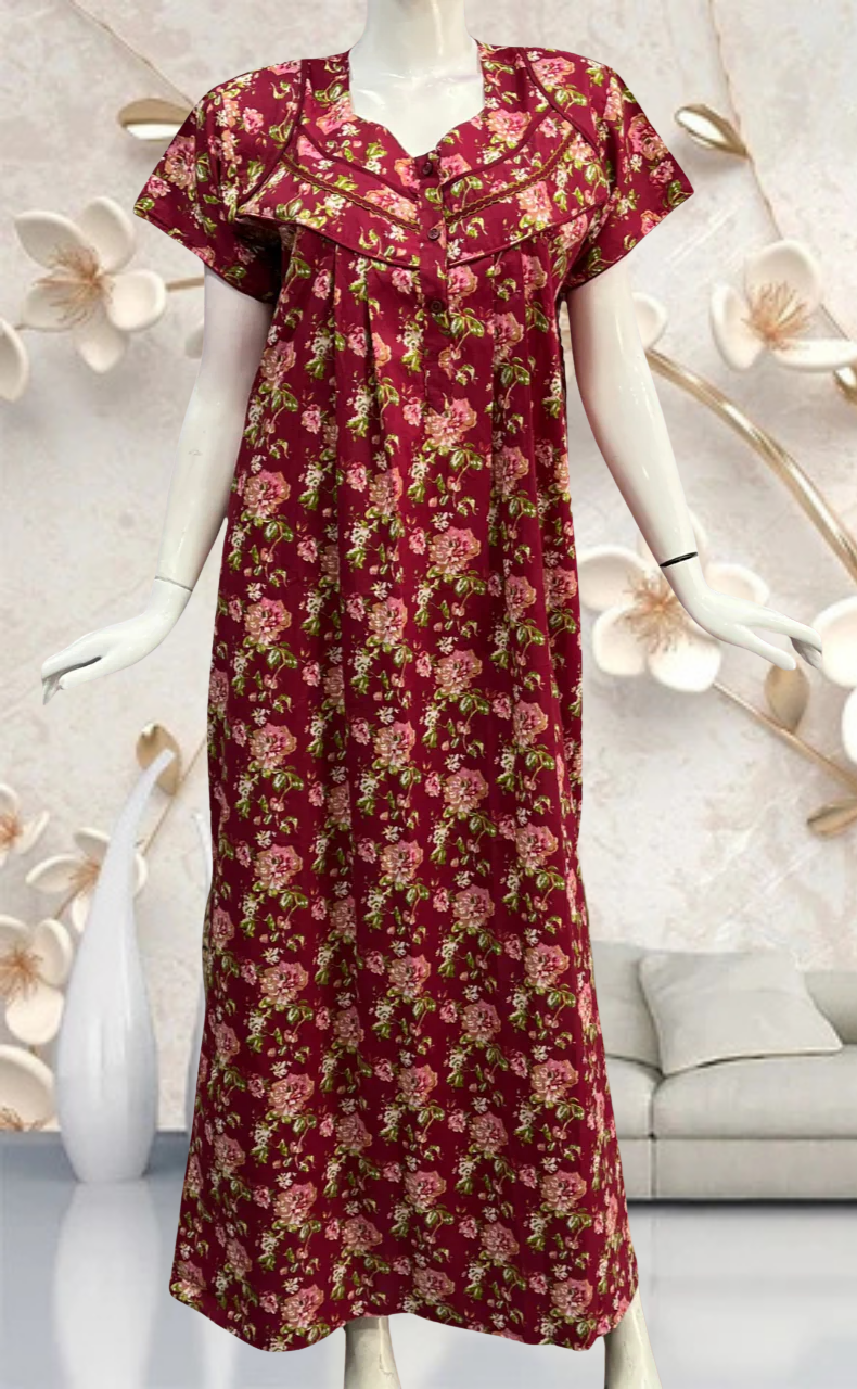 Maroon Garden Pure Cotton Feeding Nursing Nighty. Pure Durable Cotton | Laces and Frills