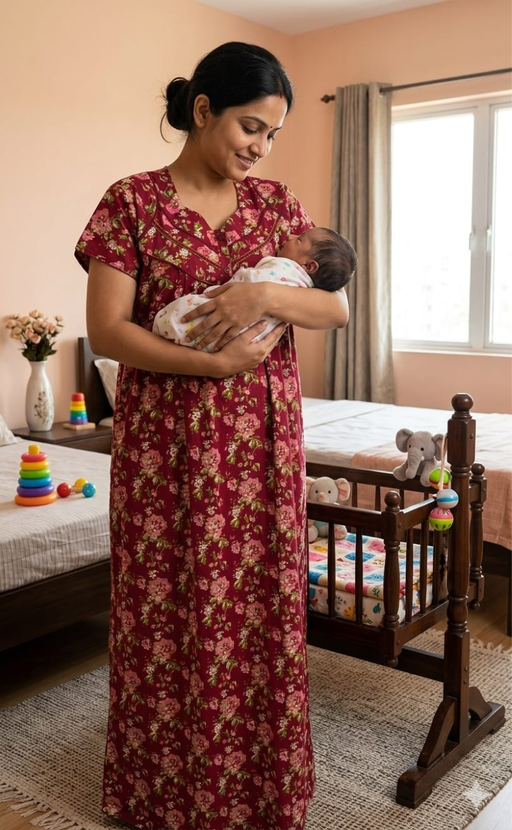 Maroon Garden Pure Cotton Feeding Nursing Nighty. Pure Durable Cotton | Laces and Frills - Laces and Frills