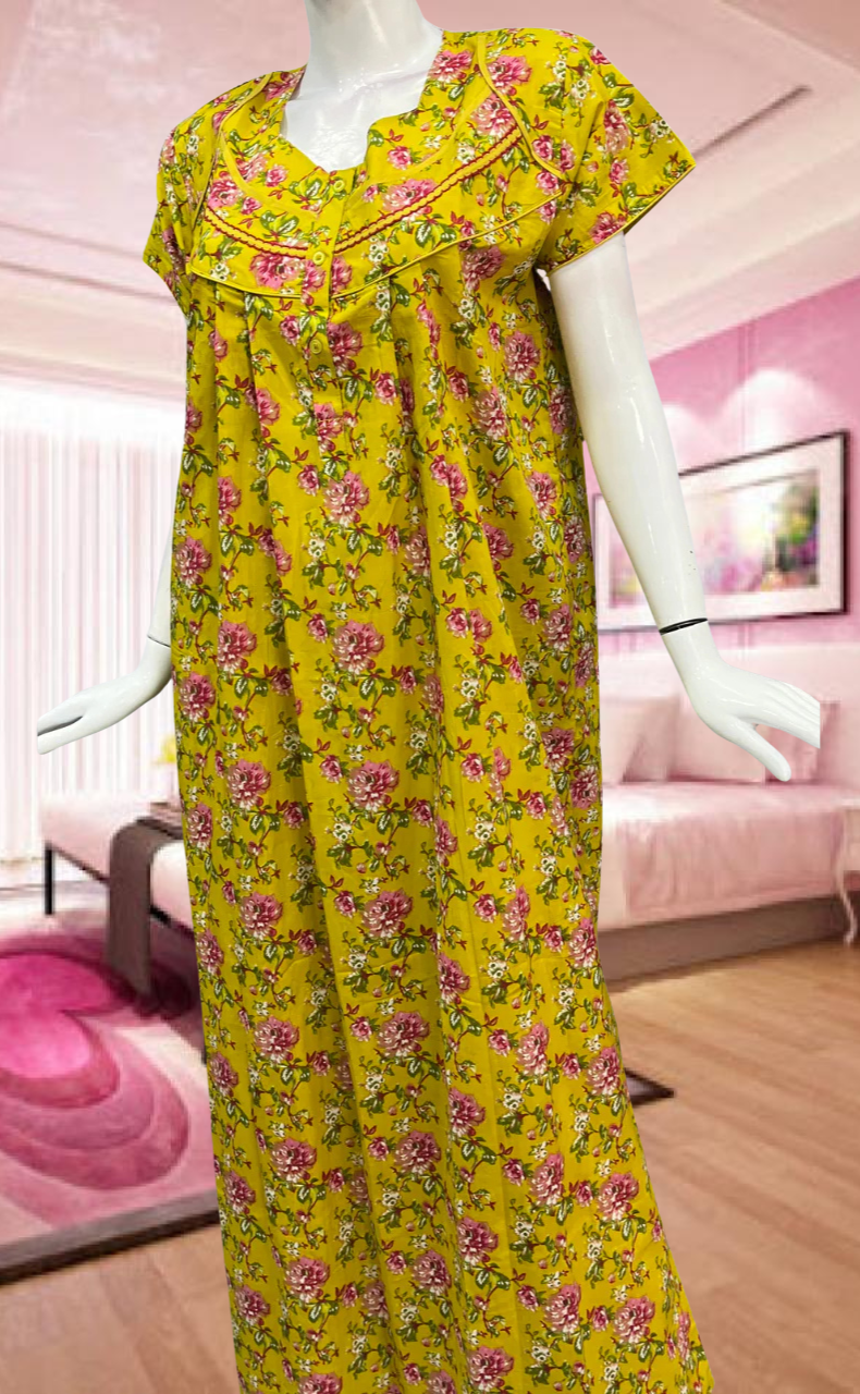 Yellow Garden Pure Cotton Feeding Nursing Nighty. Pure Durable Cotton | Laces and Frills - Laces and Frills