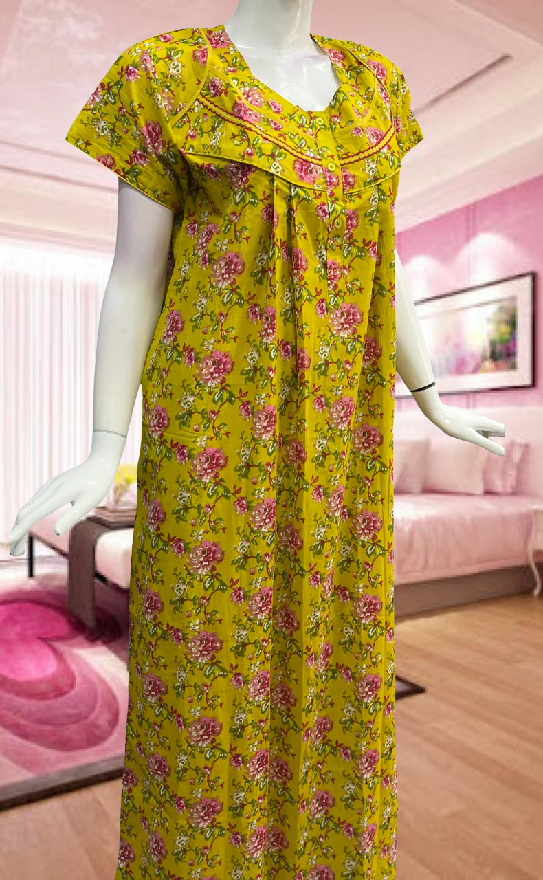 Yellow Garden Pure Cotton Feeding Nursing Nighty. Pure Durable Cotton | Laces and Frills - Laces and Frills