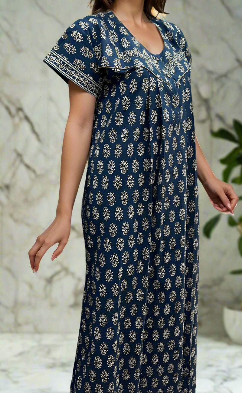 Blue Tiny Floral Pure Cotton Nighty. Pure Durable Cotton | Laces and Frills