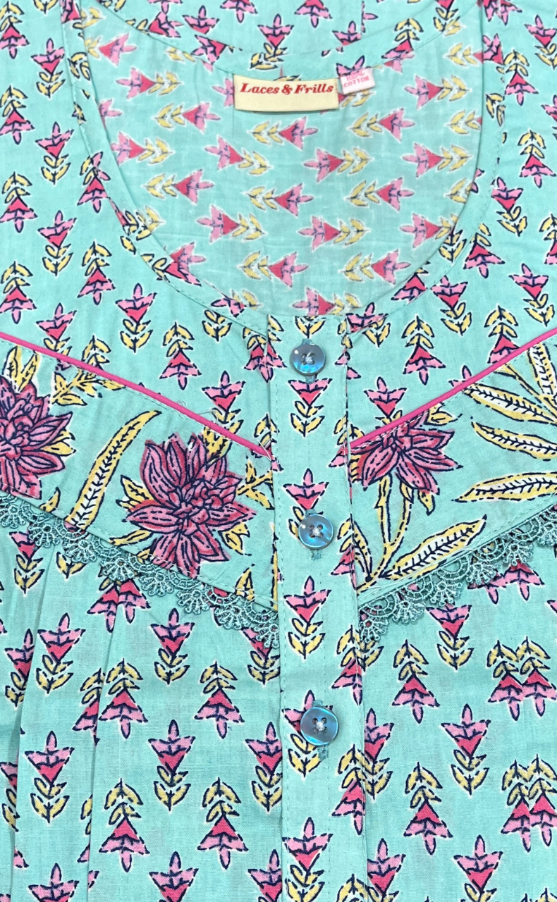 Sea Green Floral Pure Cotton Nighty. Pure Durable Cotton | Laces and Frills - Laces and Frills