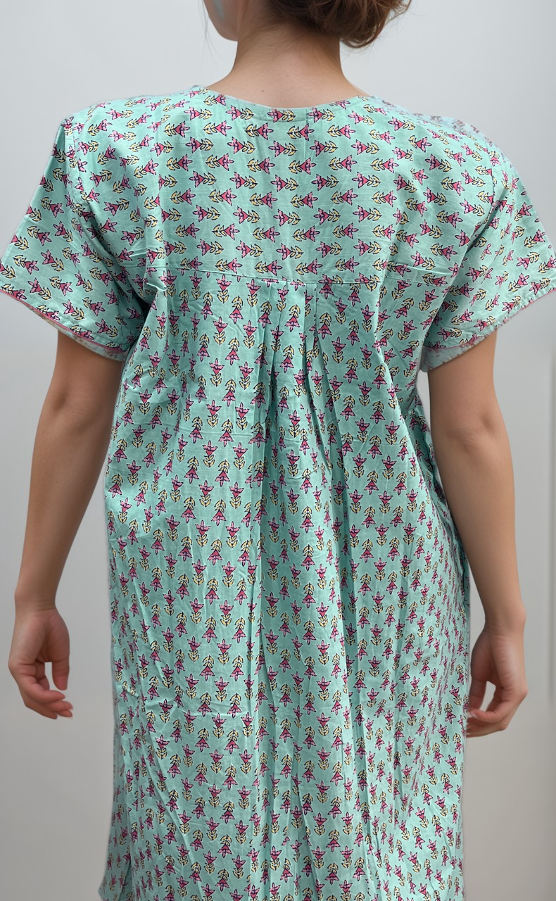 Sea Green Floral Pure Cotton Nighty. Pure Durable Cotton | Laces and Frills - Laces and Frills