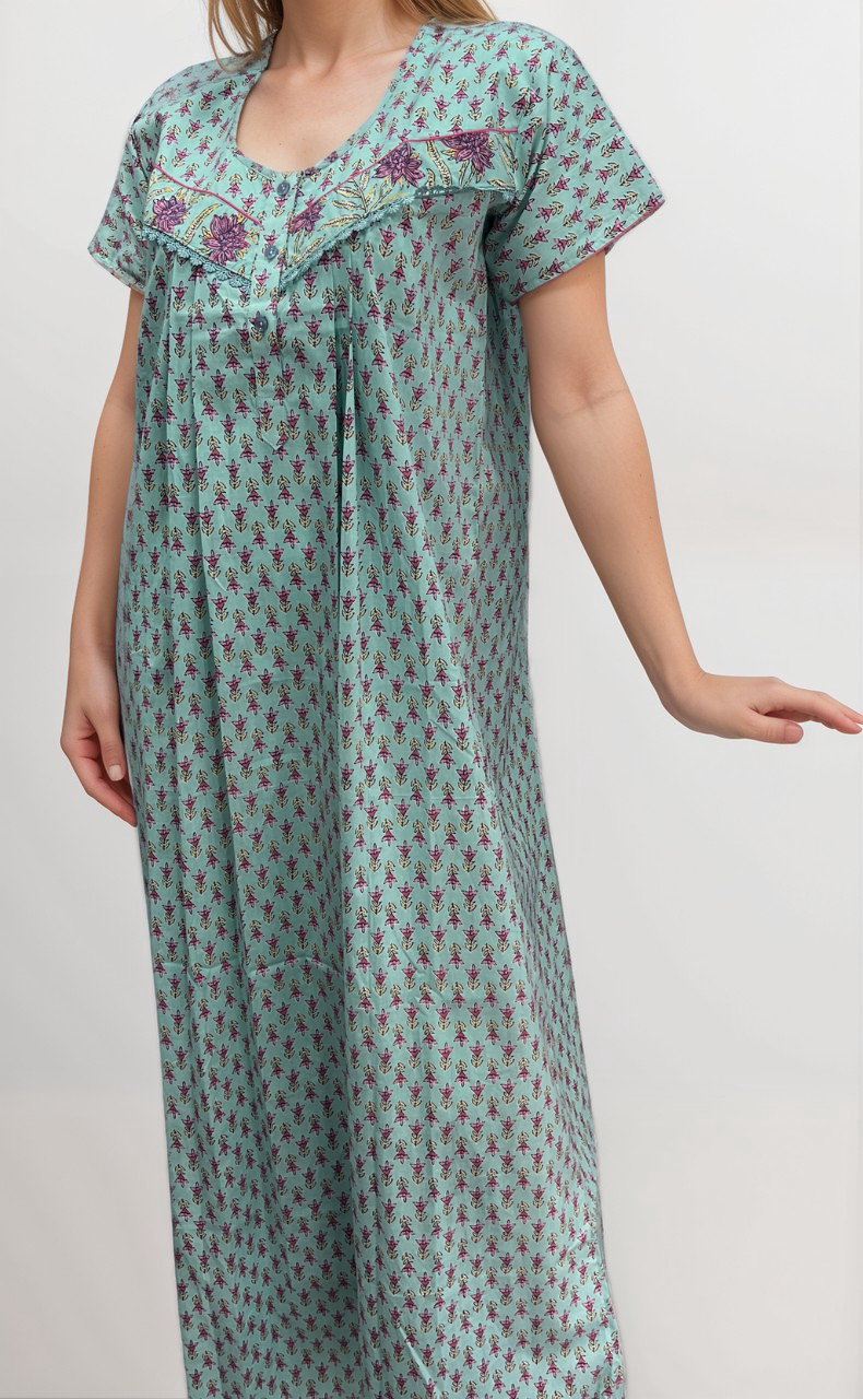 Sea Green Floral Pure Cotton Nighty. Pure Durable Cotton | Laces and Frills - Laces and Frills