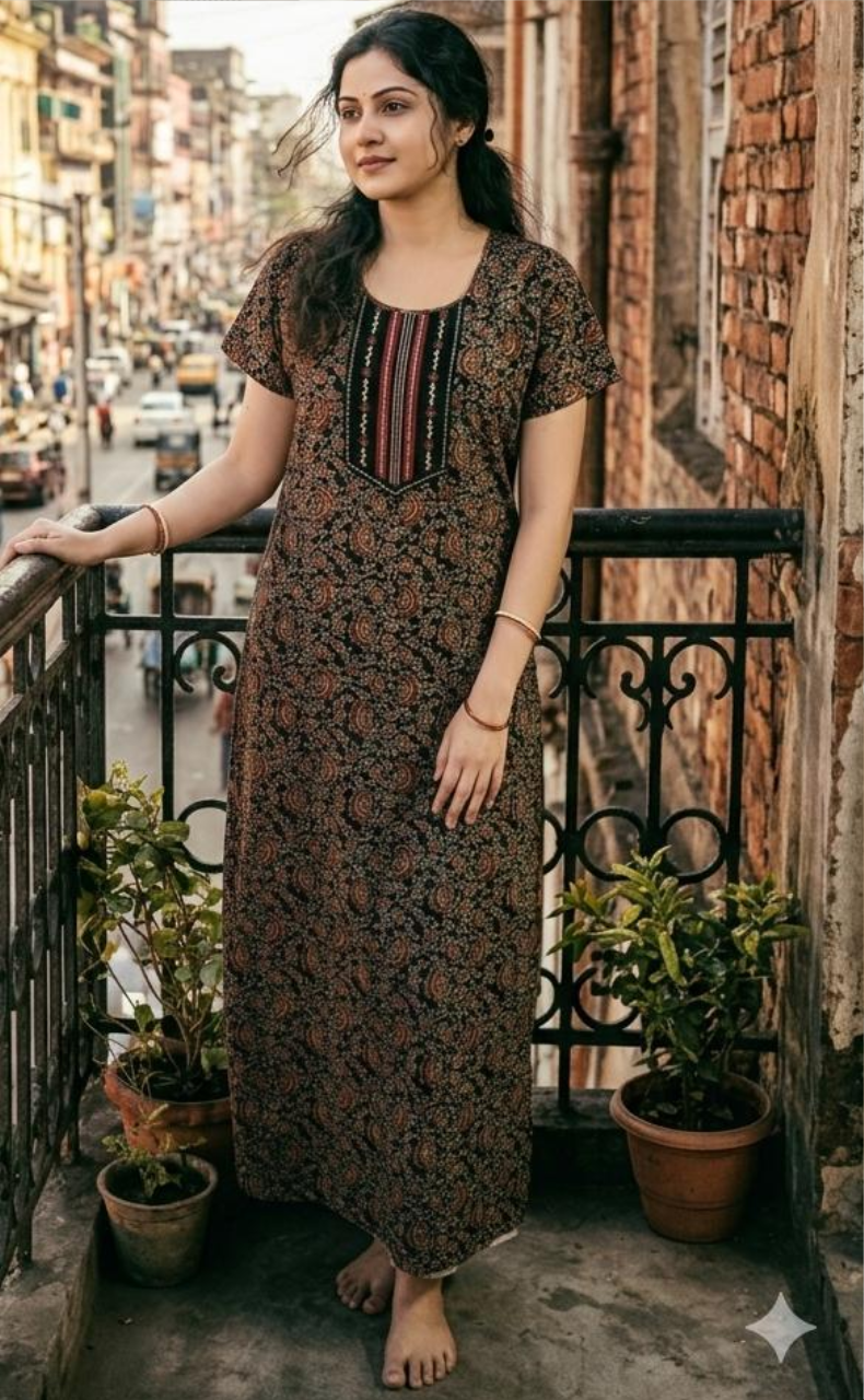 Black Floral Garden Pure Cotton Nighty. Pure Durable Cotton | Laces and Frills - Laces and Frills