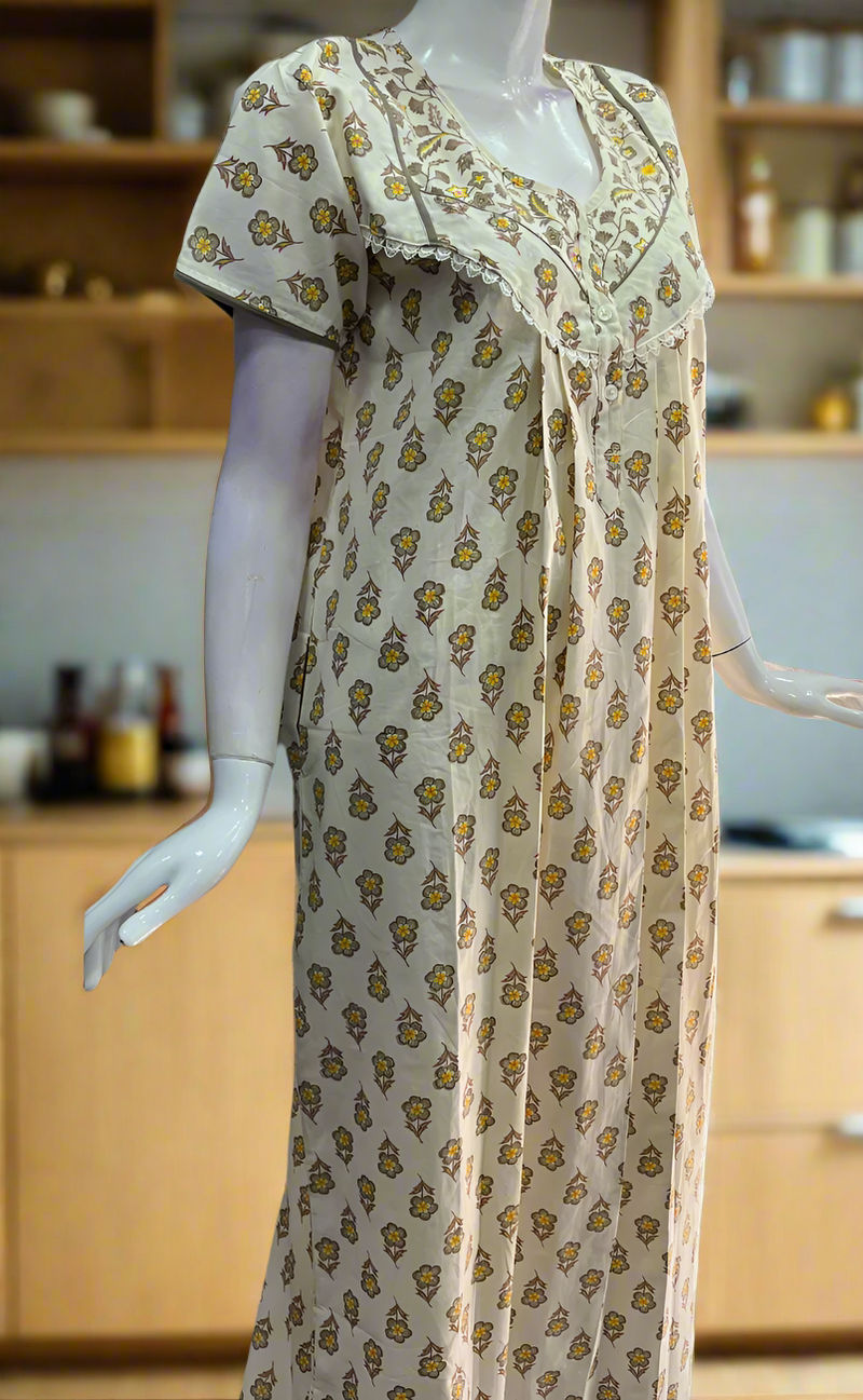 Beige Floral Pure Cotton Nighty. Pure Durable Cotton | Laces and Frills