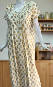 Beige Floral Pure Cotton Nighty. Pure Durable Cotton | Laces and Frills
