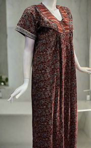 Maroon Tiny Floral Pure Cotton Nighty. Pure Durable Cotton | Laces and Frills