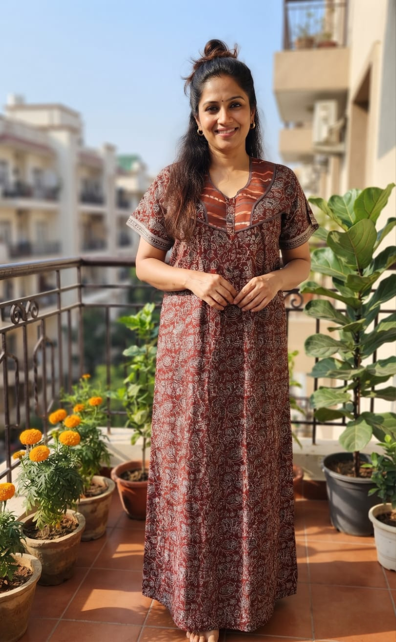 Maroon Tiny Floral Pure Cotton Nighty. Pure Durable Cotton | Laces and Frills