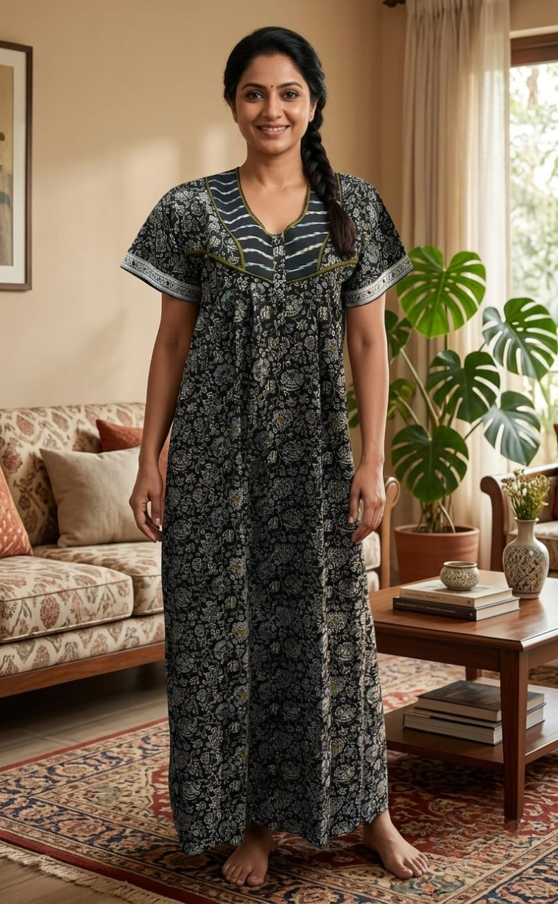 Black Tiny Floral Pure Cotton Nighty. Pure Durable Cotton | Laces and Frills