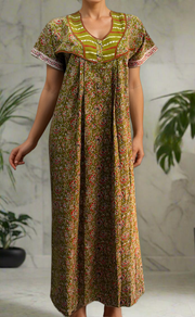 Mehndi Green Tiny Floral Pure Cotton Nighty. Pure Durable Cotton | Laces and Frills - Laces and Frills