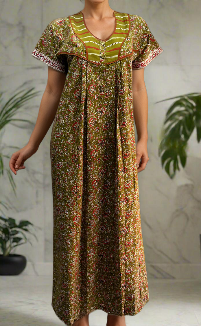 Mehndi Green Tiny Floral Pure Cotton Nighty. Pure Durable Cotton | Laces and Frills - Laces and Frills