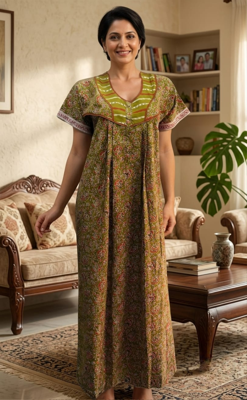 Mehndi Green Tiny Floral Pure Cotton Nighty. Pure Durable Cotton | Laces and Frills
