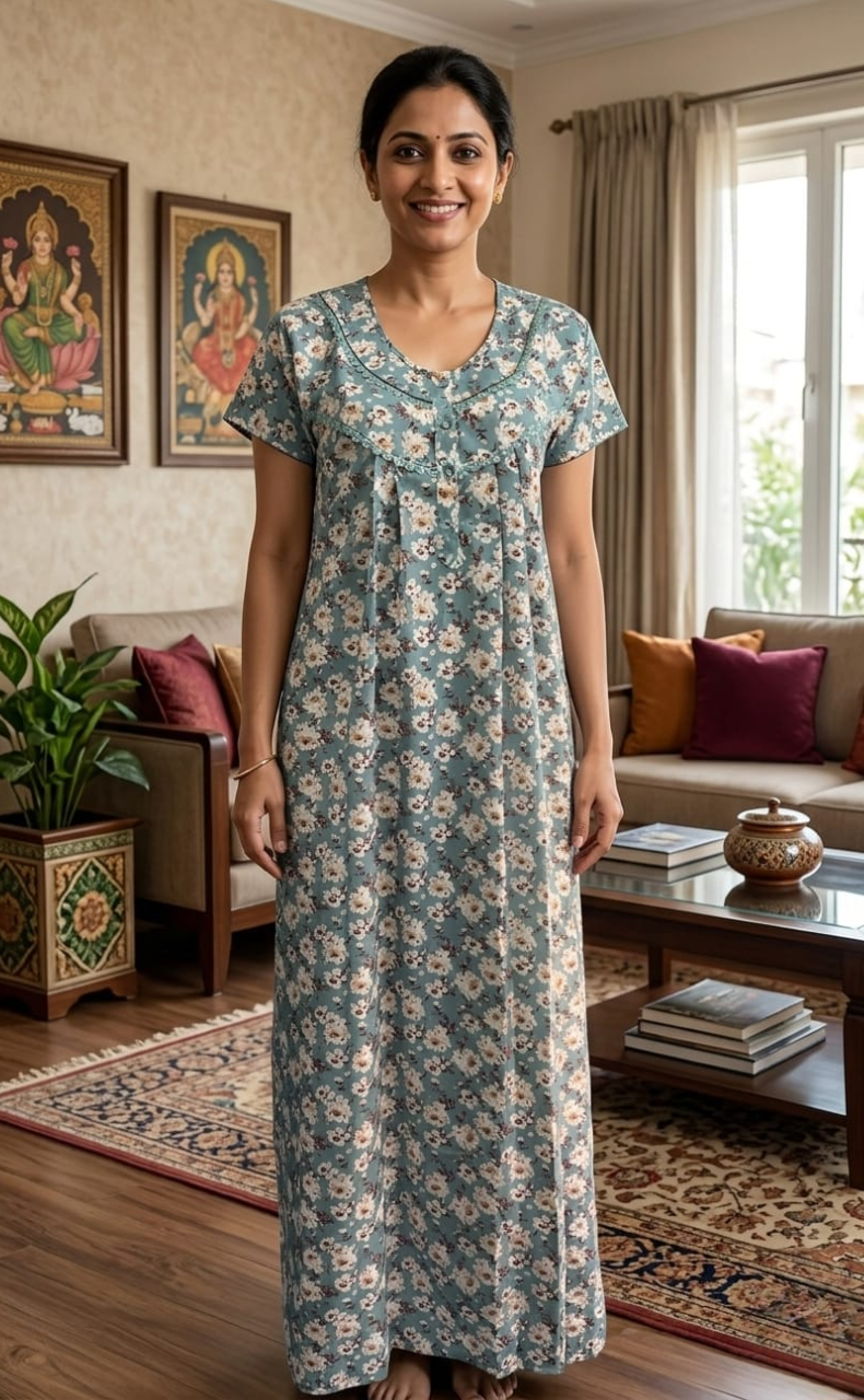 Sky Blue Garden Spun Nighty. Flowy Spun Fabric | Laces and Frills