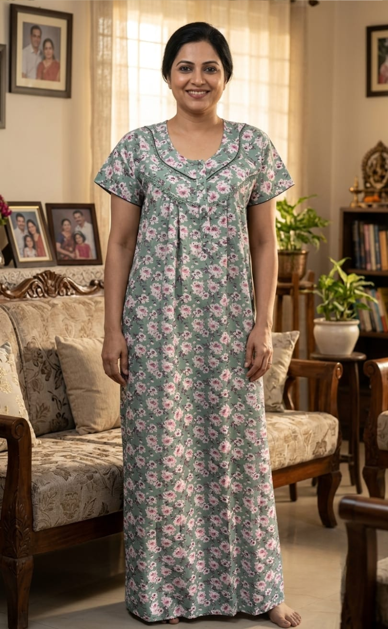 Pista Green Garden Spun Nighty. Flowy Spun Fabric | Laces and Frills