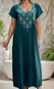 Teal Blue Embroidery Soft Cotton Nighty. Soft Breathable Fabric | Laces and Frills - Laces and Frills