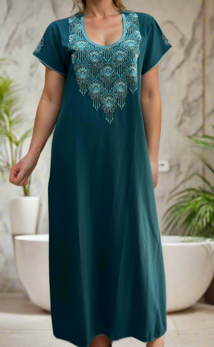 Teal Blue Embroidery Soft Cotton Nighty. Soft Breathable Fabric | Laces and Frills - Laces and Frills