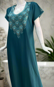 Teal Blue Embroidery Soft Cotton Nighty. Soft Breathable Fabric | Laces and Frills