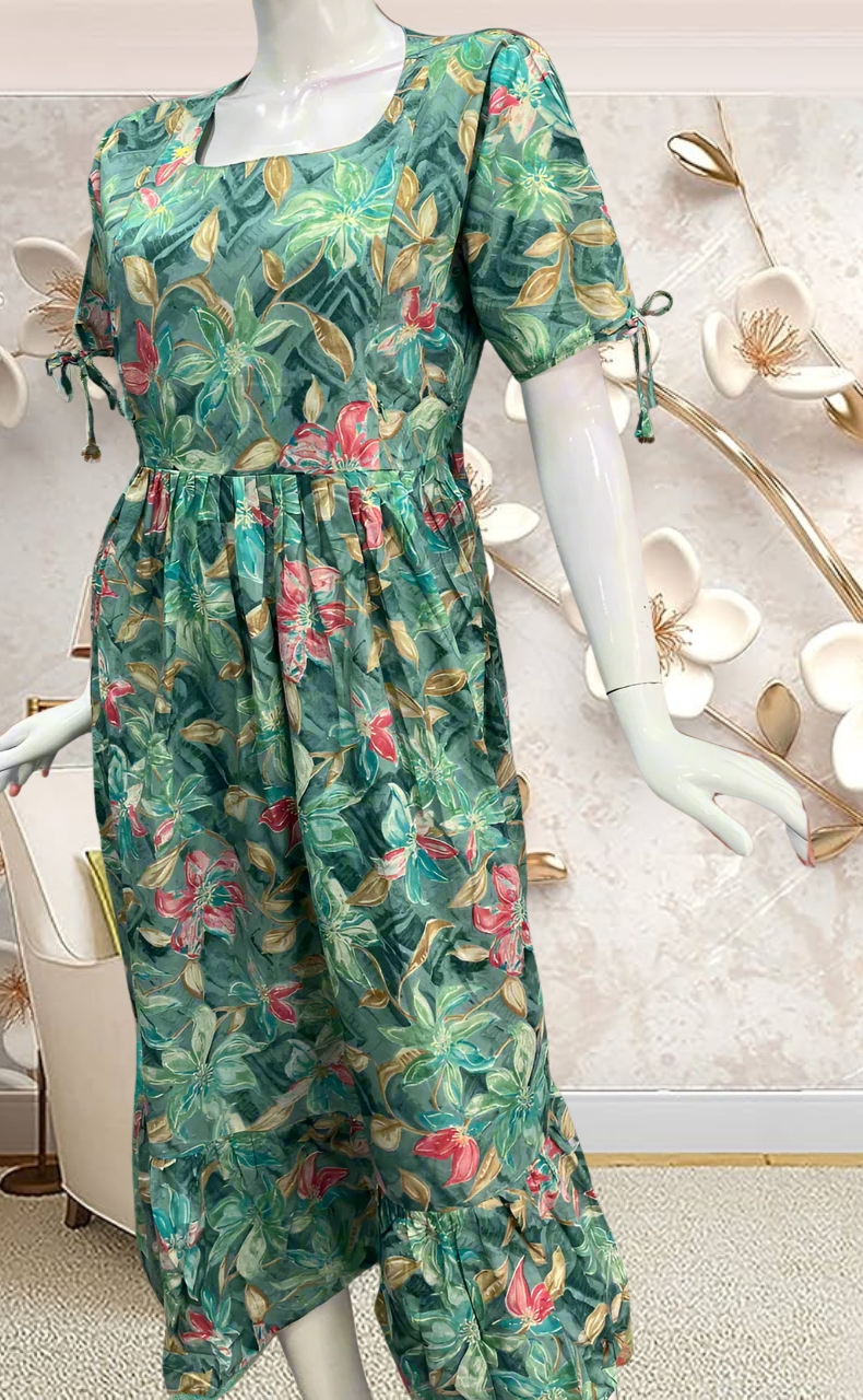 Turquoise Green Garden Soft Cotton Feeding Nursing Nighty. Soft Breathable Fabric | Laces and Frills - Laces and Frills