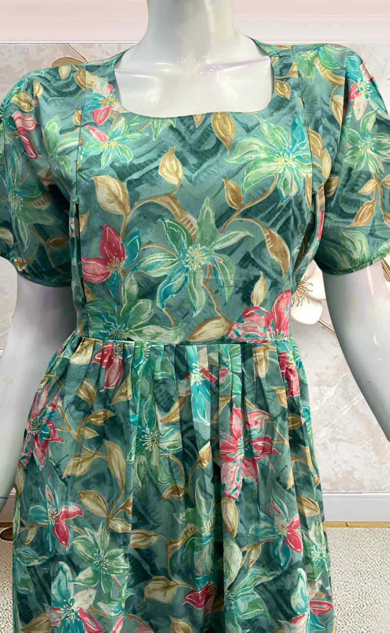 Turquoise Green Garden Soft Cotton Feeding Nursing Nighty. Soft Breathable Fabric | Laces and Frills - Laces and Frills