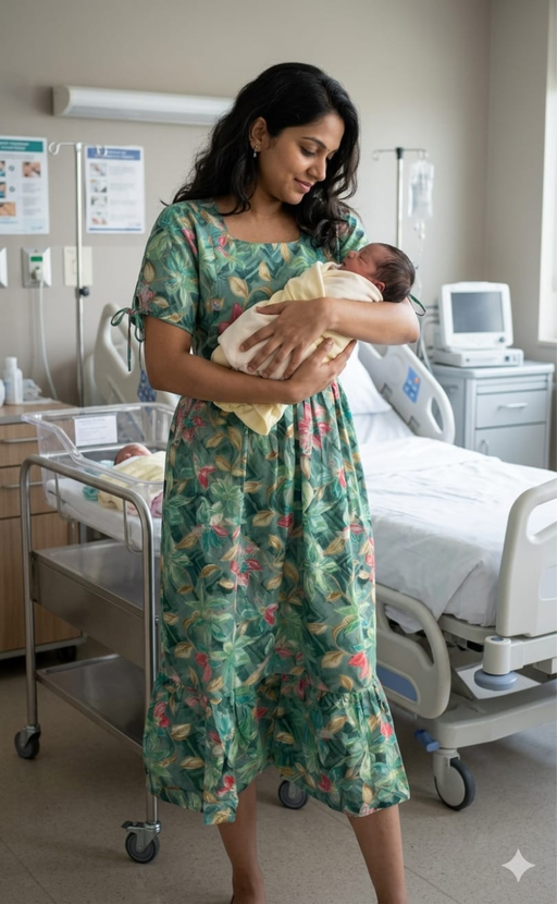 Turquoise Green Garden Soft Cotton Feeding Nursing Nighty. Soft Breathable Fabric | Laces and Frills - Laces and Frills