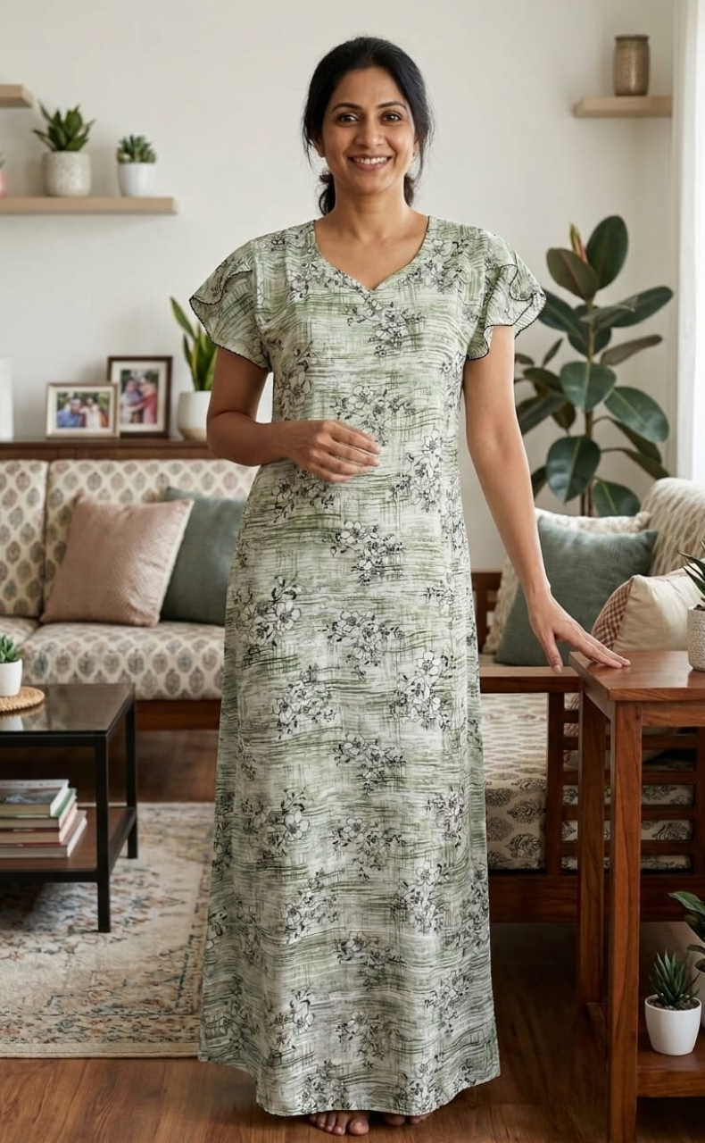 Green Floral Chiffon Nighty. Delicate Chiffon | Laces and Frills