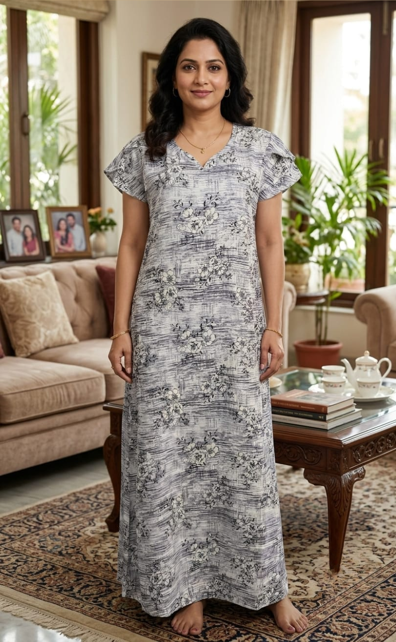 Lavender Floral Chiffon Nighty. Delicate Chiffon | Laces and Frills