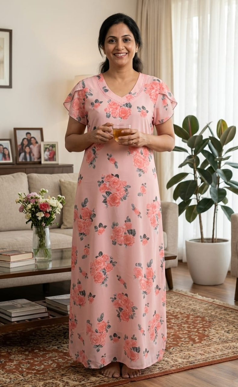 Pink/Peach Floral Chiffon Nighty. Delicate Chiffon | Laces and Frills