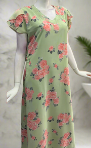 Green/Peach Floral Chiffon Nighty. Delicate Chiffon | Laces and Frills - Laces and Frills