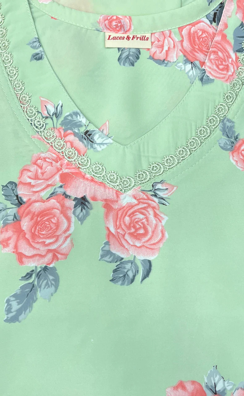 Green/Peach Floral Chiffon Nighty. Delicate Chiffon | Laces and Frills - Laces and Frills