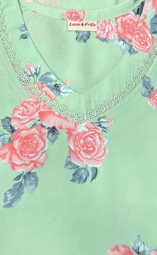 Green/Peach Floral Chiffon Nighty. Delicate Chiffon | Laces and Frills - Laces and Frills