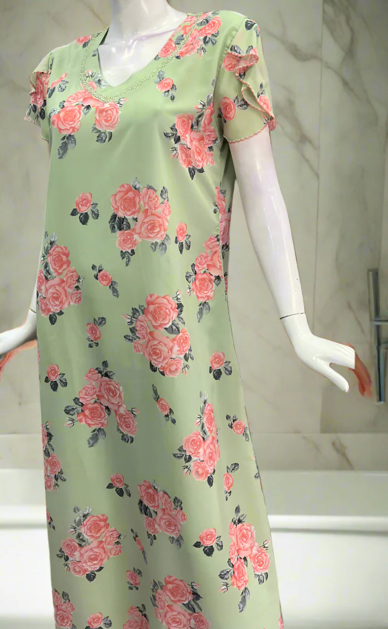 Green/Peach Floral Chiffon Nighty. Delicate Chiffon | Laces and Frills - Laces and Frills
