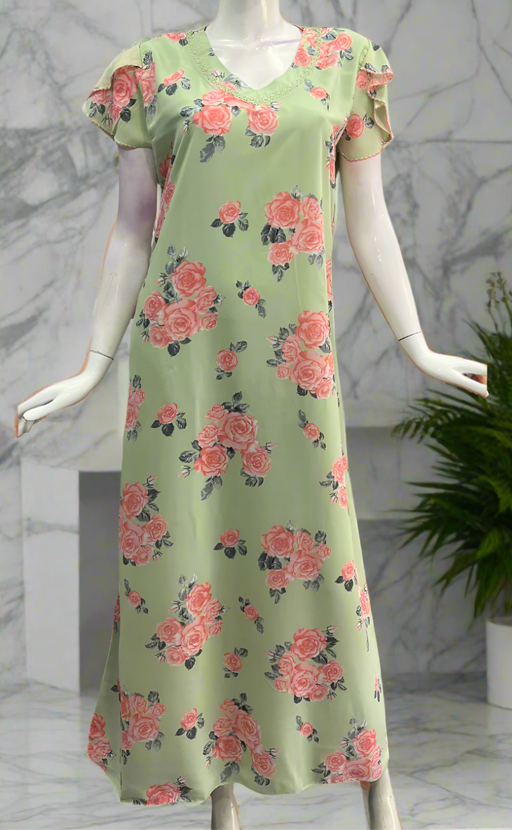 Green/Peach Floral Chiffon Nighty. Delicate Chiffon | Laces and Frills - Laces and Frills
