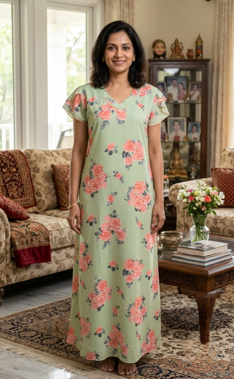Green/Peach Floral Chiffon Nighty. Delicate Chiffon | Laces and Frills