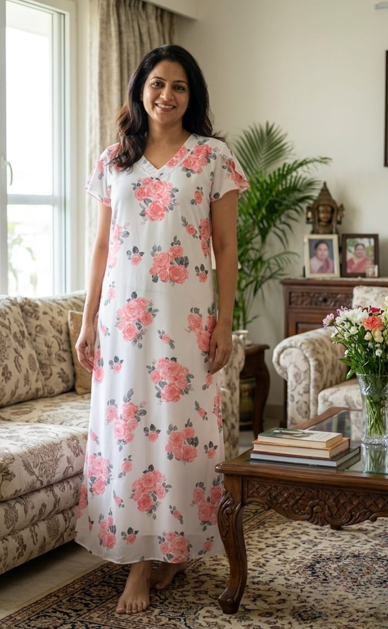 White/Peach Floral Chiffon Nighty. Delicate Chiffon | Laces and Frills