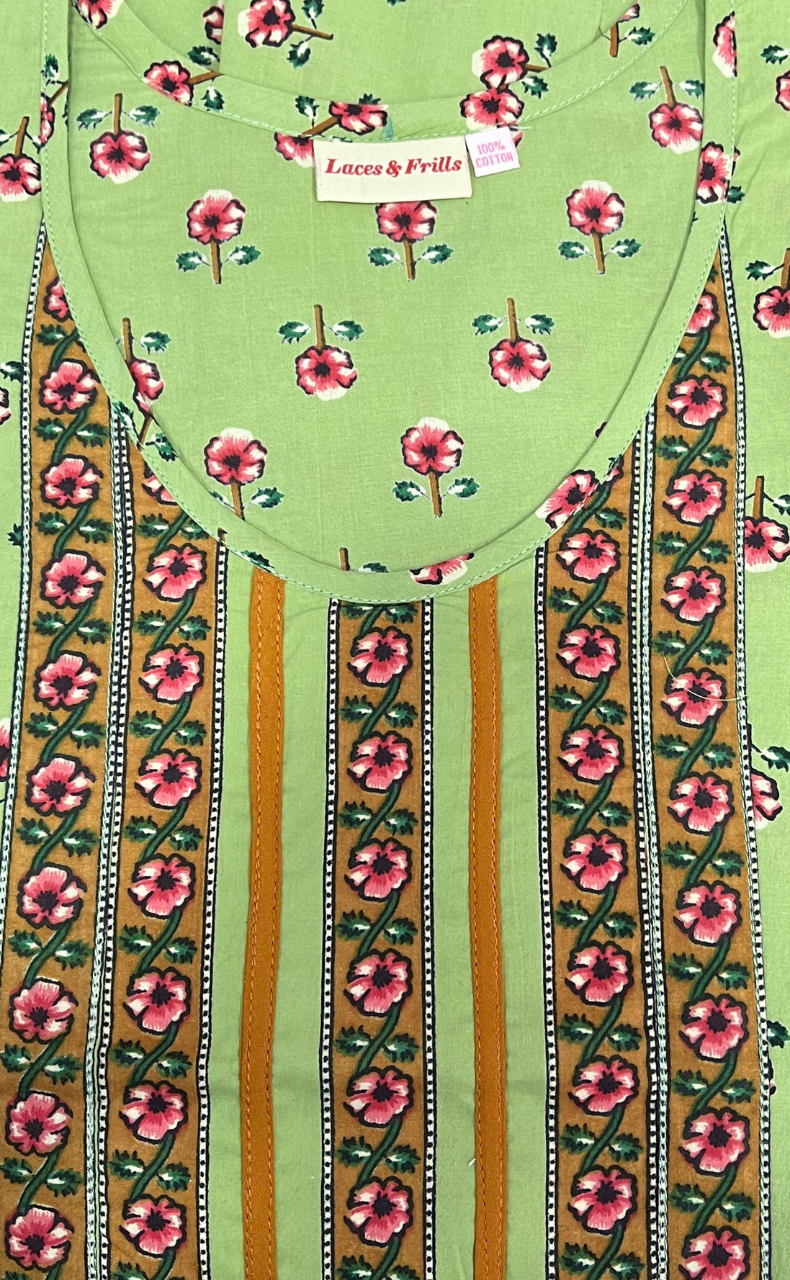 Pista Green Tiny Floral Garden Pure Cotton Nighty. Pure Durable Cotton | Laces and Frills