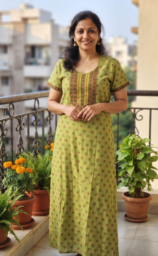 Pista Green Tiny Floral Garden Pure Cotton Nighty. Pure Durable Cotton | Laces and Frills - Laces and Frills