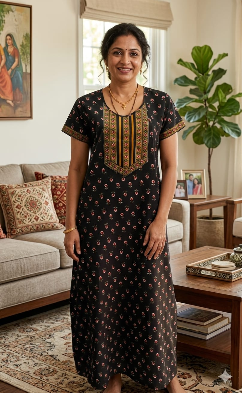 Black Tiny Floral Garden Pure Cotton Nighty. Pure Durable Cotton | Laces and Frills - Laces and Frills